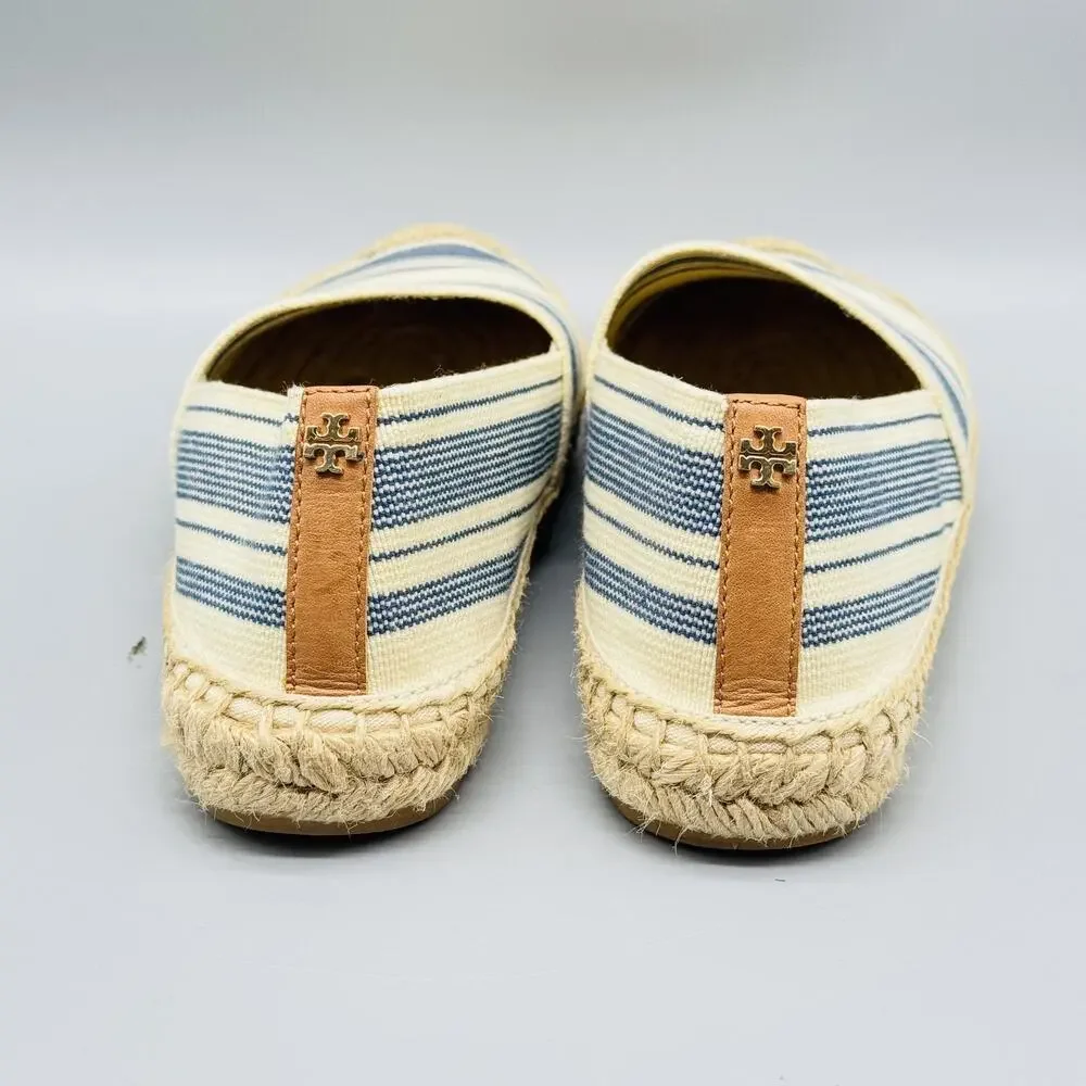 Tory Burch Shoes Womens 8.5 Blue Ivory Canvas Stripe Espadrilles Jute Slip On